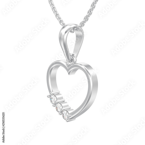 3D illustration isolated jewelry silver diamond heart necklace on chain