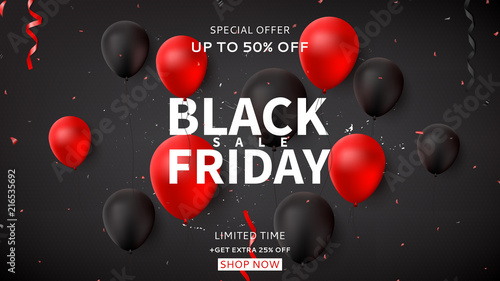 Web banner for Black Friday sale. Dark background with black and red balloons for seasonal discount offer. Vector illustration with confetti and serpentine.