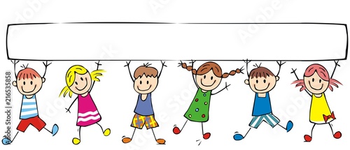 Happy children and banner, group of cheerful kids on white background, vector funny illustration