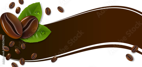 Banner with Coffee Beans and Green Leaves