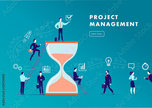Vector flat minimalistic business illustration - project management, team work, time management, business communication, workflow. Business icons, office people - team success. Web banner, app, page.