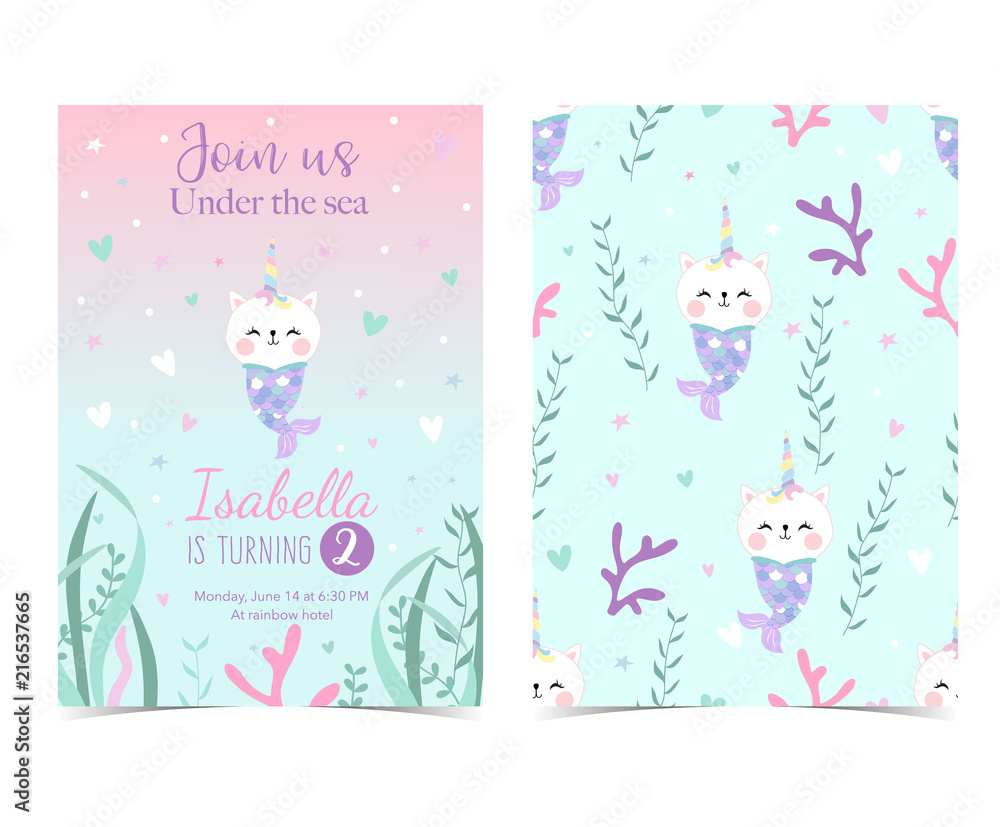 Hand drawn cute card with mermaid,caticorn,squid,coral and sea horse Hand drawn cute card with mermaid,caticorn,squid,coral and sea horse