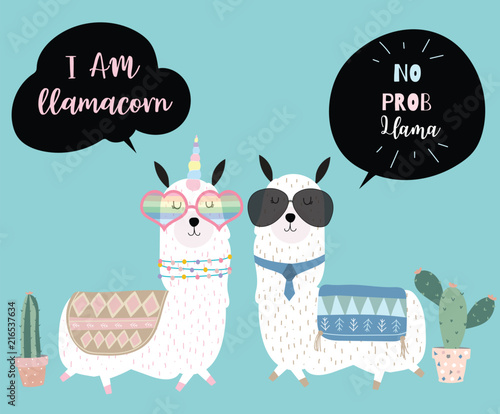 Blue hand drawn cute card with llama, glasses and cactus.Llama not drama