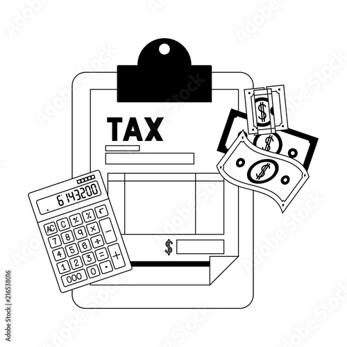 clipboard taxes with calculator and bills vector illustration design