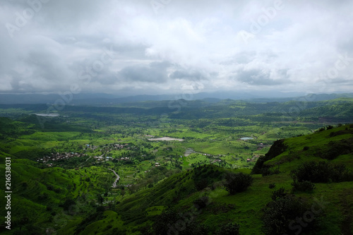 Lush green monsoon nature landscape mountains, hills, Purandar, Pune, Maharashtra, India 