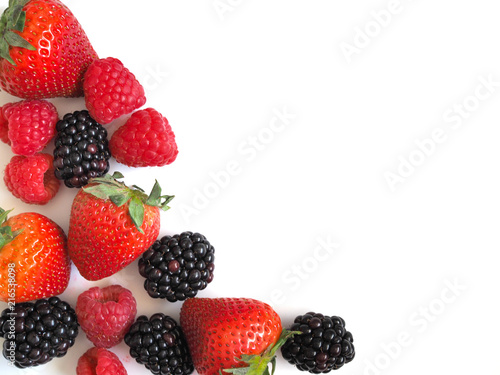 Fresh strawberry  raspberry and blackberry on wooden background  healthy food and diet.