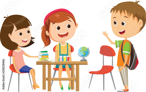 cute little school girl waiting for one of her classmates at the desk to studying 