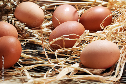 Egg. Fresh farm eggs on a wooden rustic background