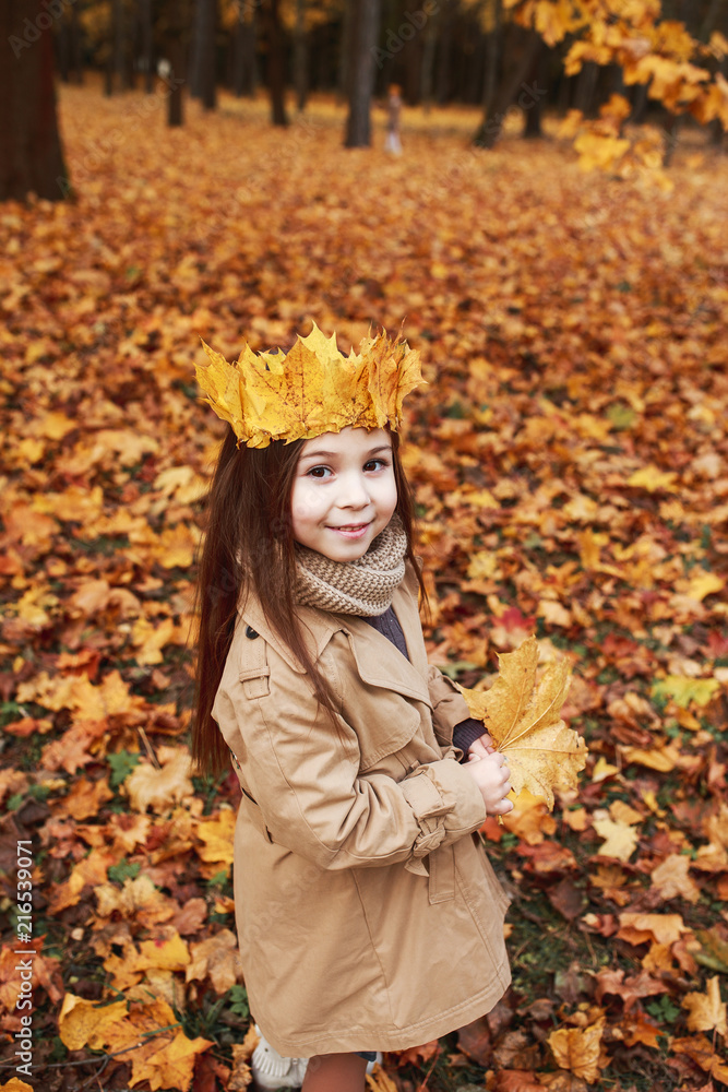 Little Girl Plays In The Autumn Leaves in park Little Girl Plays In The Autumn Leaves in park