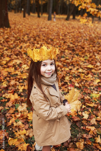 Little Girl Plays In The Autumn Leaves in park