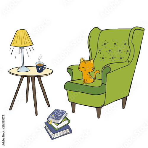 Cozy room, tea time Vector set. Cozy home things like tea, cat, chair, pillows, books, apple pie and other Danish happiness concept