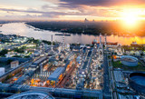 Aerial view of twilight of oil refinery ,Shot from drone of Oil refinery plant ,refinery Petrochemical plant at dusk , Bangkok, Thailand