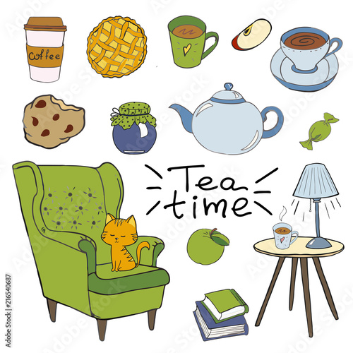 Cozy room, tea time Vector hand drawn set. Cozy home things like tea, cat, chair, pillows, books, apple pie and other Danish happiness concept