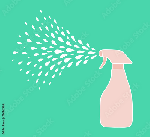 Cleaner pump spray bottle spraying drops of cleaning liquid isolated on background. Hand drawn doodle vector illustration.
