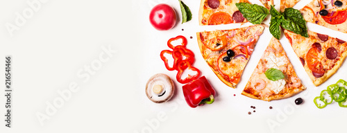 selection of Assorted pieces pizza on white background and ingredients. Pepperoni, Vegetarian and Seafood Pizza