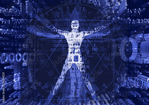 Vitruvian man in explosion of computer data.
Futuristic Illustration of vitruvian man with a binary codes symbolized digital age.