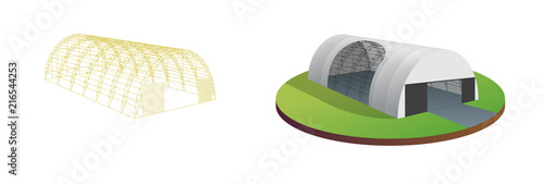 Awning tarpaulin tent temporary warehouse exhibition tunnel hall aircraft hangar. Barn construction building wireframe. Clear cut frame. Vector isometric illustration