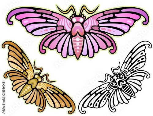 Art Deco depiction of a moth, inspired by Asian motifs, with bonus variations