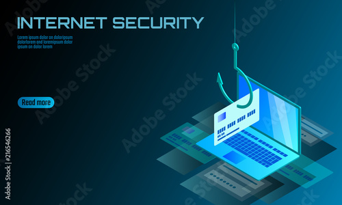 Isometric 3D laptop credit card cvv password phishing. Personal information account email online scam hacker. Spam antivirus internet security spam concept banner template card vector illustration