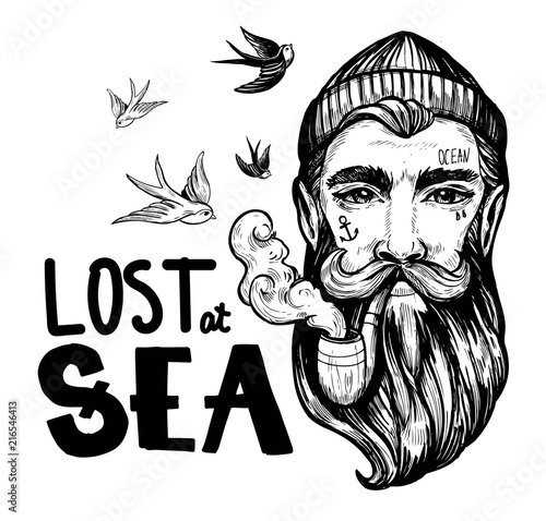 Head of a man with a beard and a smoking pipe. Сharacter of a sailor. Tattoo or print. Hand drawn illustration converted to vector