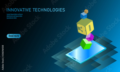 3D-enabled display smartphone concept. Stereoscopic output view isometric 3D flat business mobile phone innovation technology. Web touch screen modern camera parallax effect vector illustration