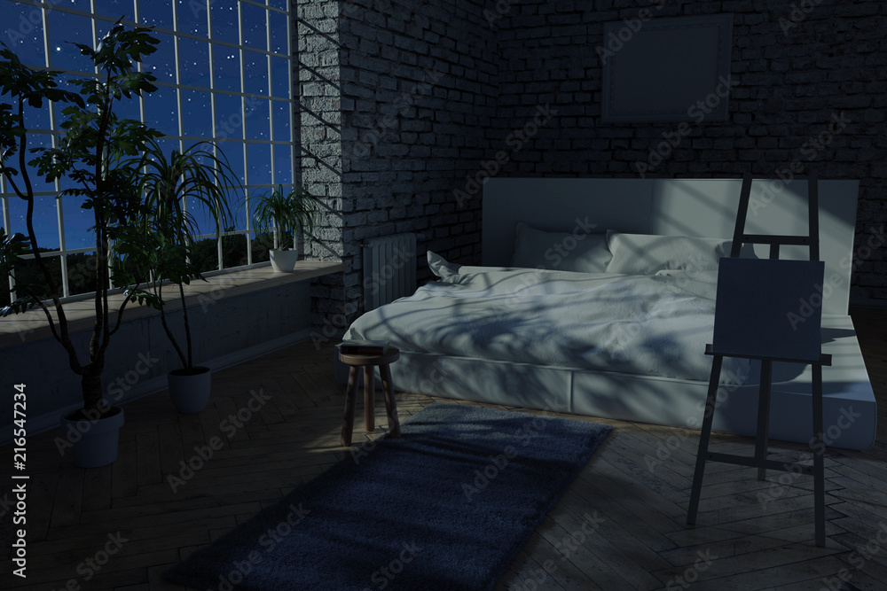 Schlafzimmer Apartment mit Ziegelsteinen und tiefem Bett in der Nacht Stock  Illustration | Adobe Stock