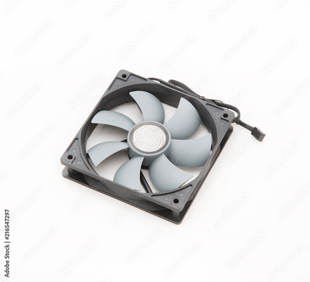 Grey computer fan for cooling on white background Grey computer fan for cooling on white background