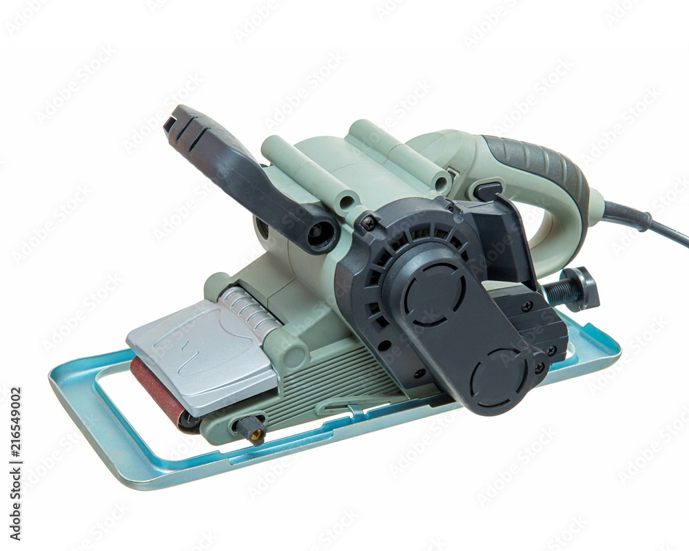 Naklejka premium Vibro-grinder for repair and construction with belt-driven abrasive material, power tools, Power Tools for Construction and Repair, grinding tool isolated on white background