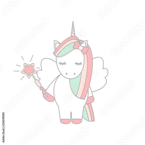 cute lovely cartoon unicorn vector illustration with magic wand