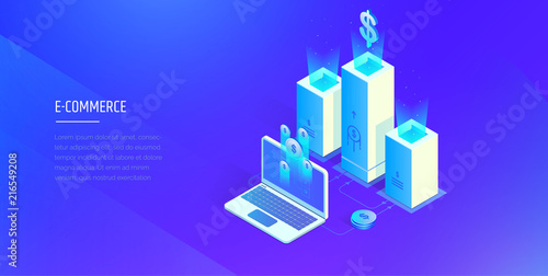 E-commerce. Digital financial system. Work and profit analysis of the electronic financial system. Modern vector illustration isometric style.
