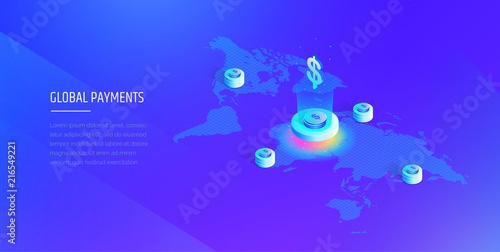 Global payment system. Isometric map of the world with the global financial system. Money transfer all over the world. Modern vector illustration isometric style.