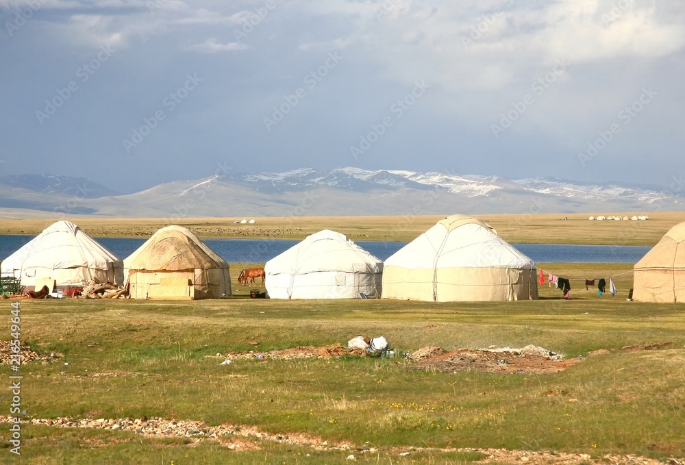 The ger camp in a large meadow at Song kul lake , Naryn of Kyrgyzstan The ger camp in a large meadow at Song kul lake , Naryn of Kyrgyzstan