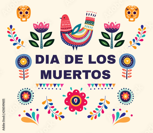 Beautiful vector illustration with design  for Dia De Los Muertos. Vector template with traditional Mexican symbols skull, Mexican ornaments.