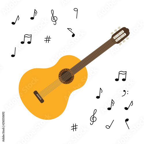 Classical wooden guitar. String plucked musical instrument. Small acoustic guitar or ukulele. Rock or jazz equipment. Sticker with contour.