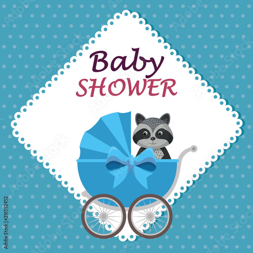 baby shower card with cute raccoon in cart