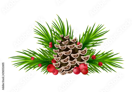 Pleasant Christmas composition. A cone in the branches of a Christmas tree and red berries. isolated without a shadow. New Year s decor.