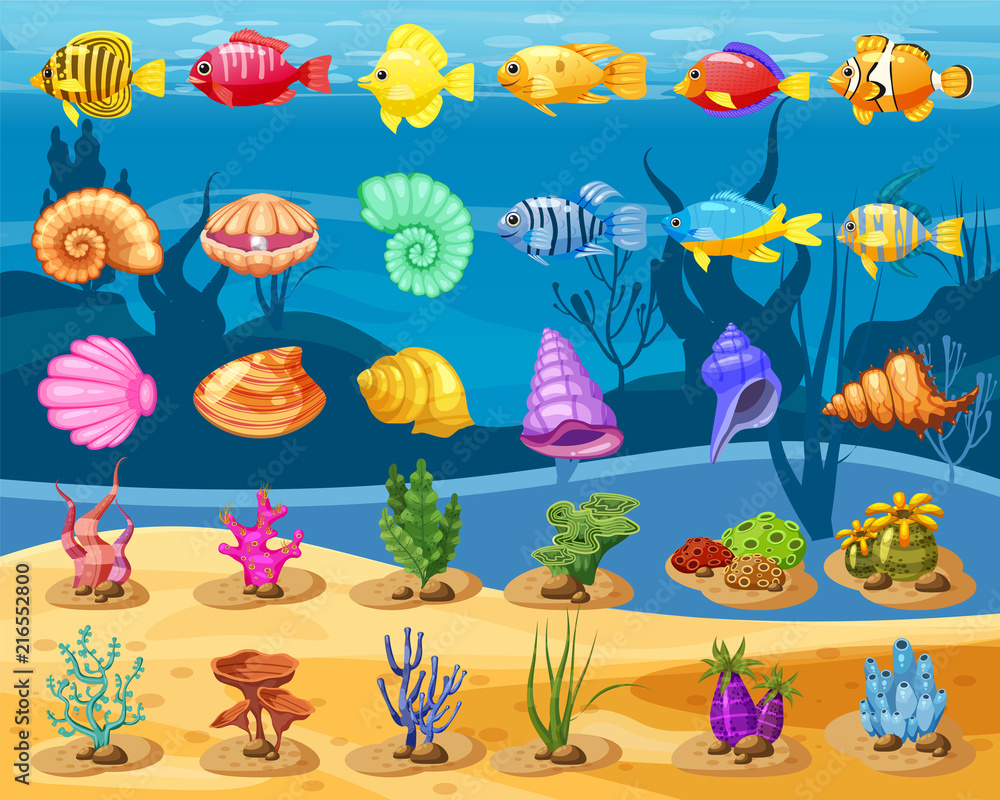 Obraz premium Cartoon Vector gry ikony z muszelką, kolorowe rafy koralowe tropikalne ryby, perły, kolorowe korale i glony, podwodne tło, na mecz trzy gry, aplikacje na białym tle. Pojedyncze elementy.