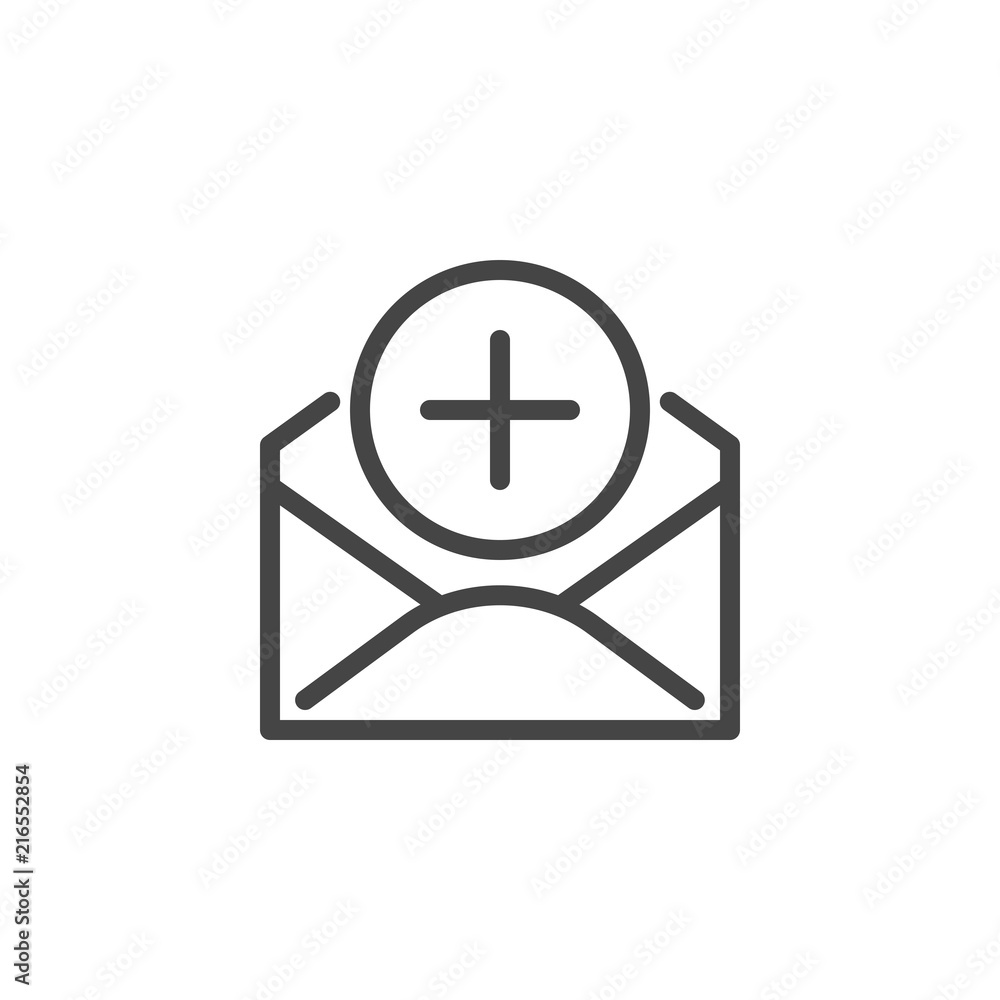 Email envelope with plus sign. Linear icon of receive message concept. Add news or post. Graphic pictograph for ui, sites interface, mobile applications, messengers, social networks. Vector isolated Email envelope with plus sign. Linear icon of receive message concept. Add news or post. Graphic pictograph for ui, sites interface, mobile applications, messengers, social networks. Vector isolated