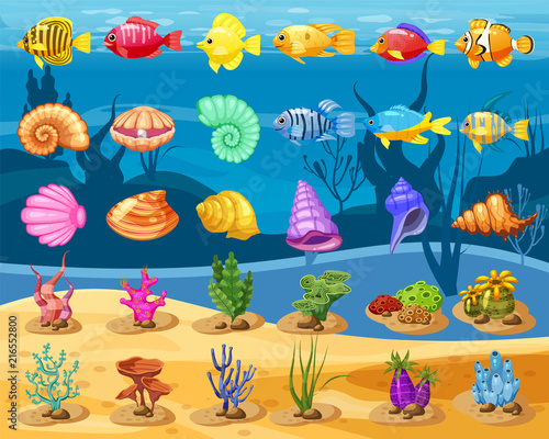 Cartoon Vector game icons with seashell, Colorful coral reef tropical fish, pearl, colorful corals and algae, underwater background, for match three game, apps on white background. Isolated elements.
