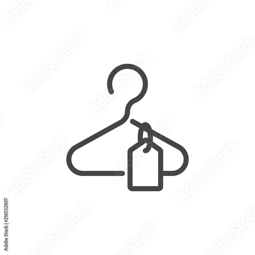 Clothes rack with rag line icon. Hanger for wardrobe contour logo. Symbol of clothing store, cloakroom, studio. Sale, discounts, advertising concept sign. Vector illustration isolated on white