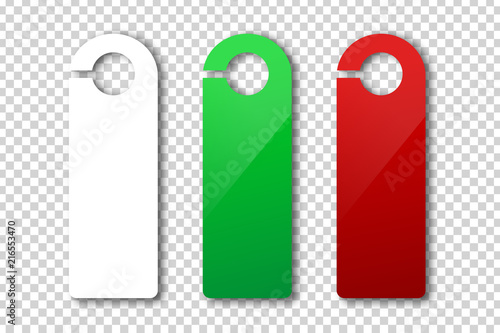 Vector realistic isolated door hanger sign for decoration and covering on the transparent background. Concept of advertising mockup.