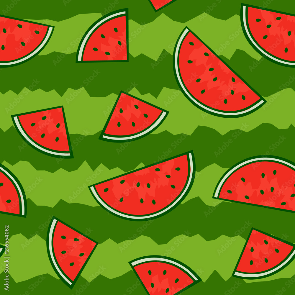 Naklejka Seamless pattern of sliced pieces of watermelon on a striped background