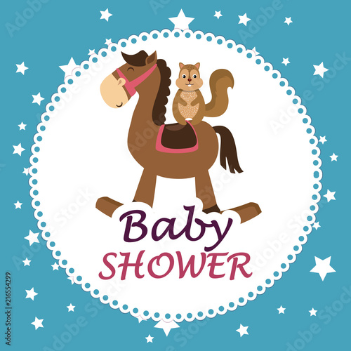 baby shower card with cute chipmunk in horse wooden