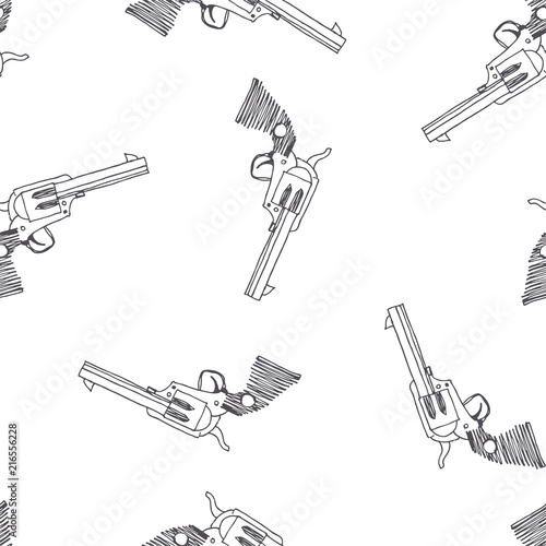Vector seamless pattern with vintage gun. Hand drawn texture with revolver isolated on white. Old weapon in sketch style. Wild West symbol