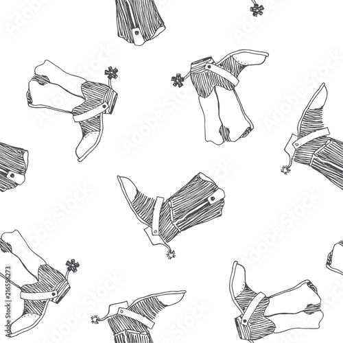 Vector seamless pattern with wild west symbol. Cowboy boots with spurs sketch. Hand drawn texture with old american shoes isolated on white