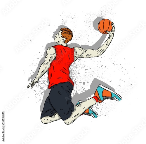 Basketball player in a jump with the ball in his hands. Outdoor sports. Vector illustration