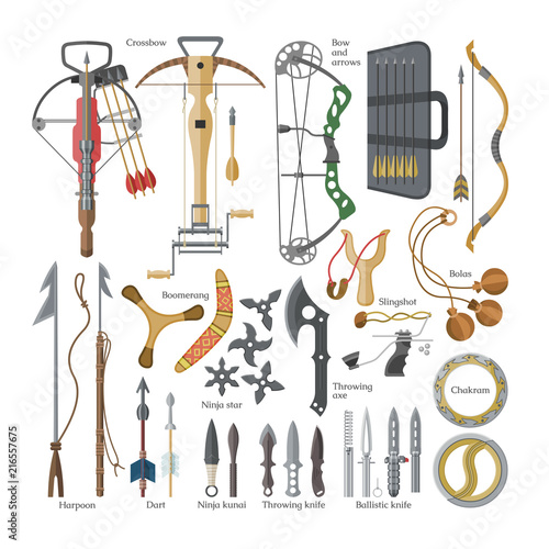 Foto Throwing weapon vector sharp arrows of crossbow and knife or axe illustration we
