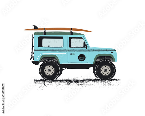 Vintage hand drawn surf car. Retro transportation with surfboard. Old style sufing automobile. Perfect for T-Shirt, travel mugs and otjer outdoor adventure apparel, clothing prints. Stock vector photo