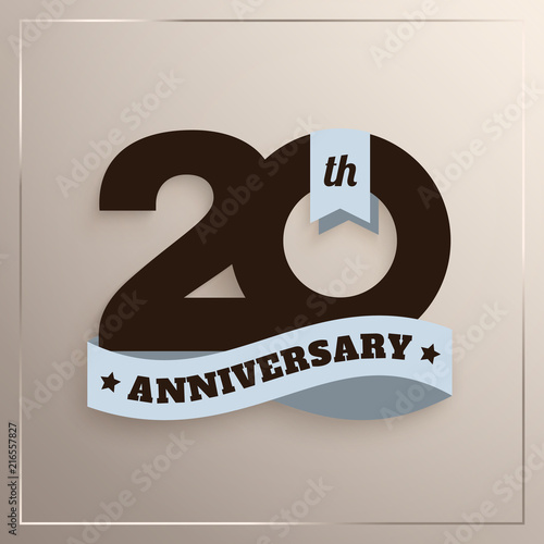 Twenty years anniversary logo with blue ribbon, 20th years celebration isolated on beige background. Vector.