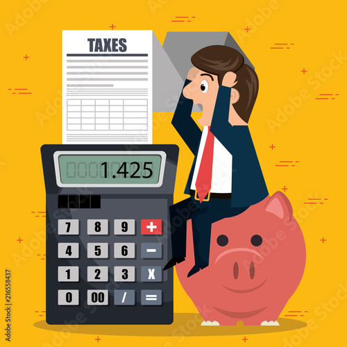 businessman character with taxes icons